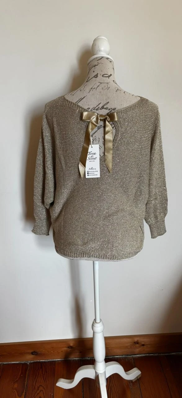 🎀 Gold knit sweater Made in Italy with neckline & satin bow on the back - one size – photo 9